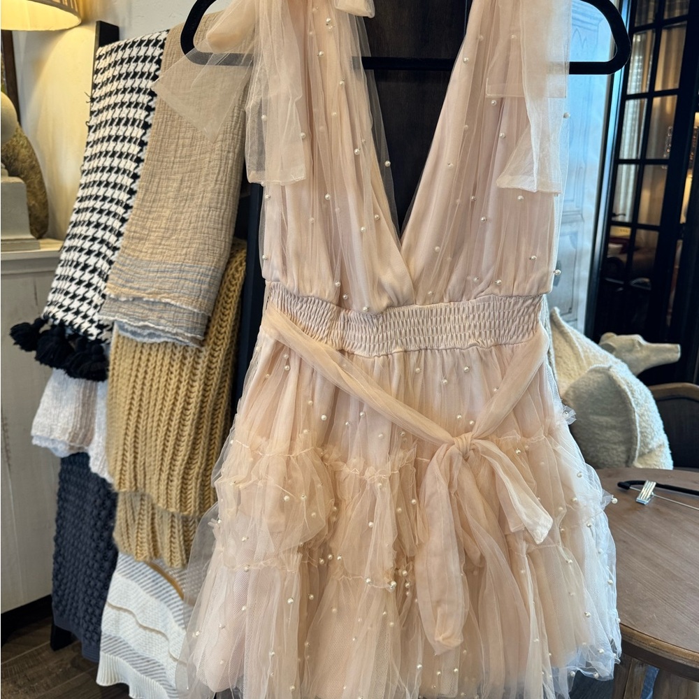 Elegant Cream Tulle Dress with Pearl Accents